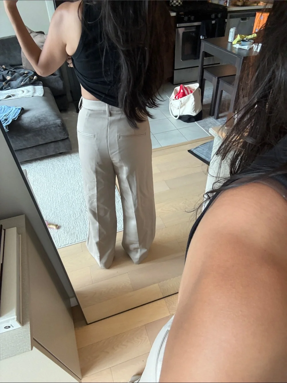 Anine Bing Cream & Green Wide-Leg High-Waist Trousers